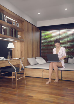 A 3d digital rendering of a barefooted woman sitting in a home office on a laptop.