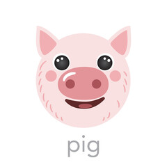 Pig Cute portrait with name text smile head cartoon round shape avatar pink animal face, isolated vector icon illustrations on white background. Flat simple hand drawn for kids poster, cards, t-shirt