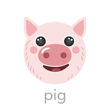 Pig Cute portrait with name text smile head cartoon round shape avatar pink animal face, isolated vector icon illustrations on white background. Flat simple hand drawn for kids poster, cards, t-shirt