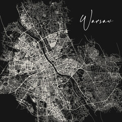 Black and white vector city map of Warsaw. Stock vector illustration isolated on black background.