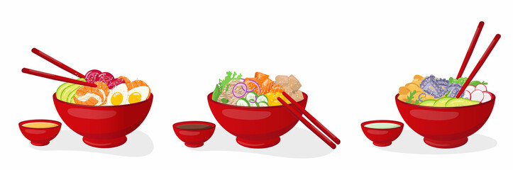Vegetable and seafood poke bowls set with chopsticks . Vector stock illustration isolated on white background for salad bar menu fast food restaurant with healthy, bio, organic meals. 