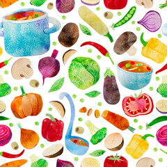 Hand-drawn watercolor vegetable soup seamless pattern. Ingredients such as carrot, beetroot, cabbage and chili. Cute kidcore illustration, for farmers market, products design, stickers or postcards