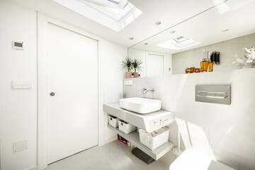 Attic toilet, plants, decorative orange jars, porcelain sink, long mirror and modern tiling