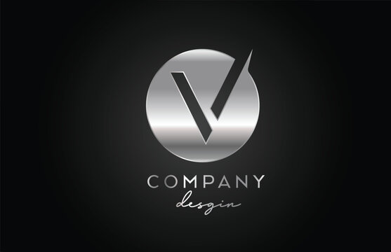 V silver grey alphabet letter logo icon with circle design. Metal creative template for company and business