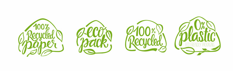 Recycled paper, plastic - eco packaging lettering set. Vector stock illustration isolated on white background for label, wrapping, package. Stickers for bottle, shopping bag.