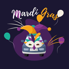 Colored mardi gras template Isolated car with jester hat and mask Vector