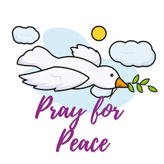 Isolated pigeon cartoon holding a laurel Pray for peace Vector