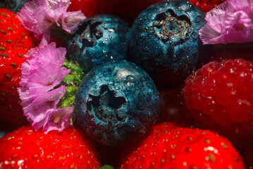 Fototapeta na wymiar Macro shot of fresh blueberries and strawberries composition.