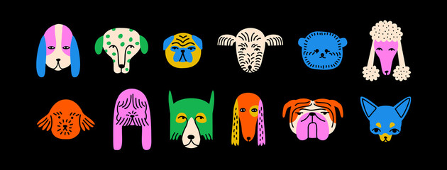 Funny dog animal head icon cartoon set in quirky colorful flat illustration style. Cute doggy pet face collection, diverse domestic dogs.