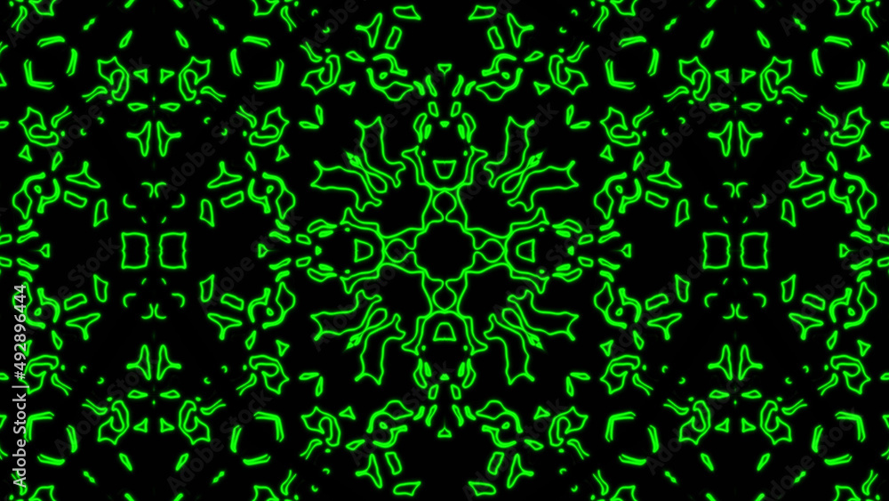 Poster abstract green geometric seamless pattern background. psychedelic colorful kaleidoscope vj backgroun