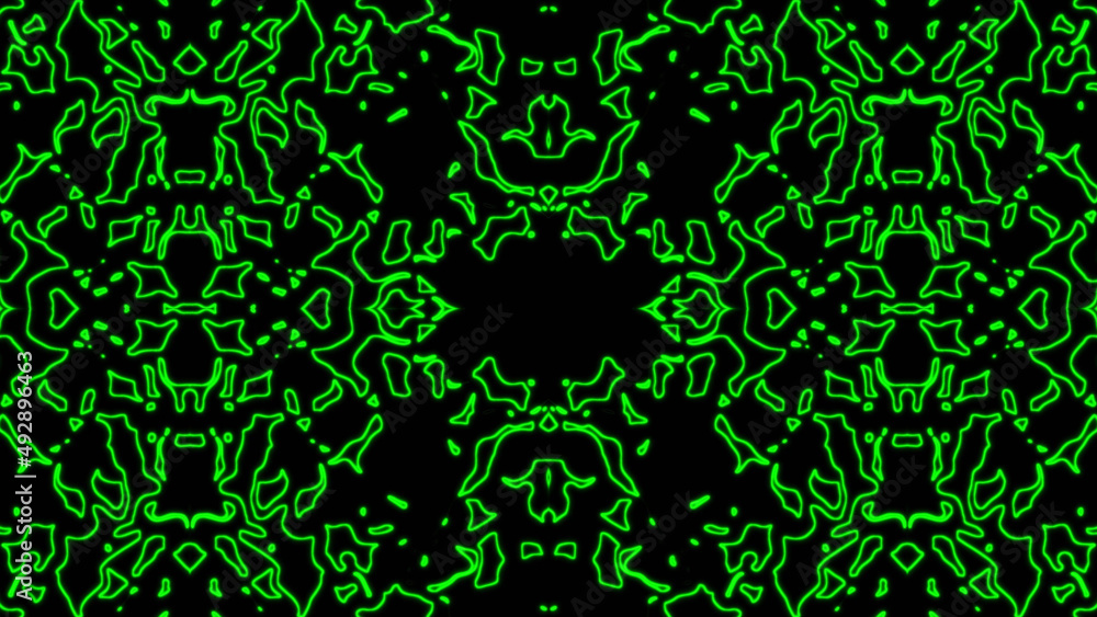 Poster abstract green geometric seamless pattern background. psychedelic colorful kaleidoscope vj backgroun