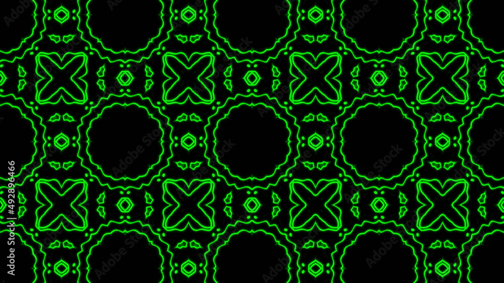 Poster abstract green geometric seamless pattern background. psychedelic colorful kaleidoscope vj backgroun
