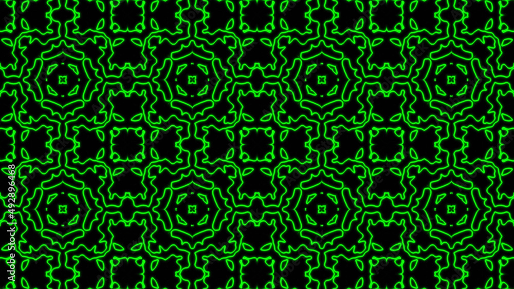Poster abstract green geometric seamless pattern background. psychedelic colorful kaleidoscope vj backgroun