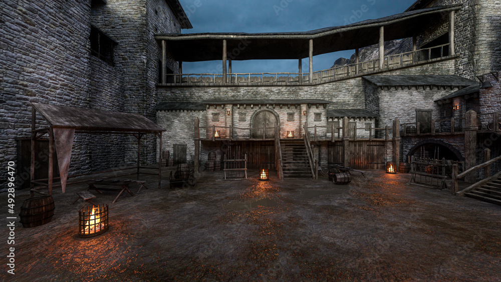 Poster medieval castle courtyard with wet muddy ground and grey clouds in the sky. 3d illustration.