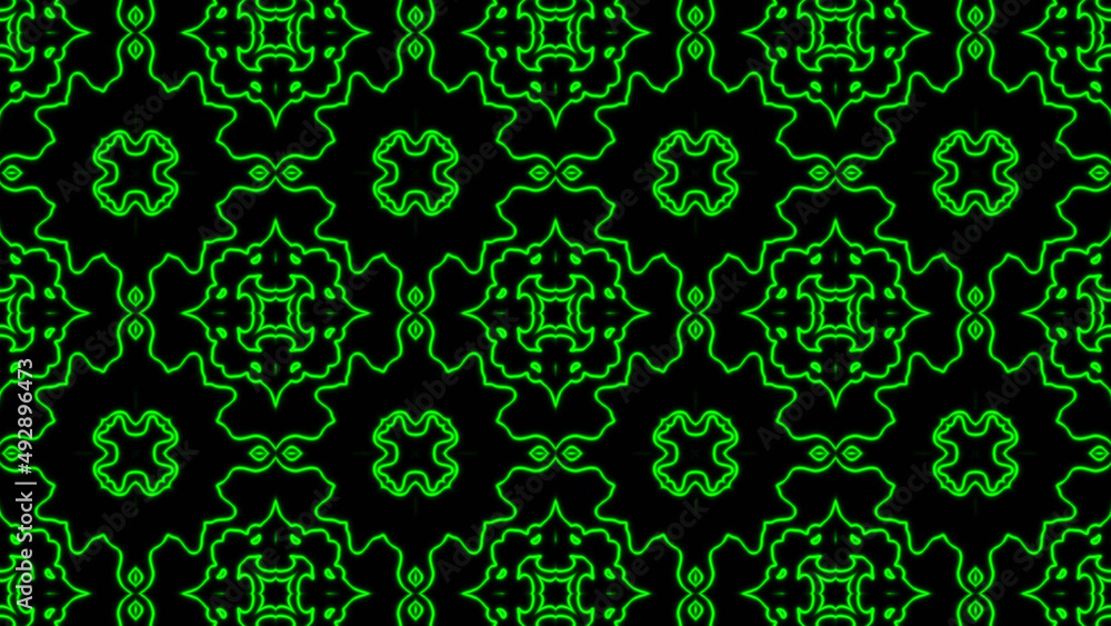 Poster abstract green geometric seamless pattern background. psychedelic colorful kaleidoscope vj backgroun