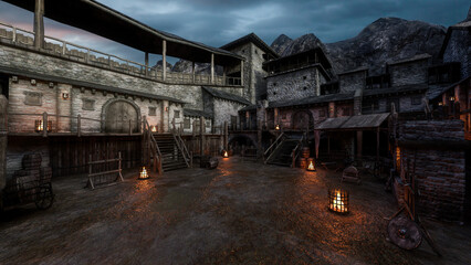 3D rendering of a wet muddy courtyard in an old medieval fantasy castle.