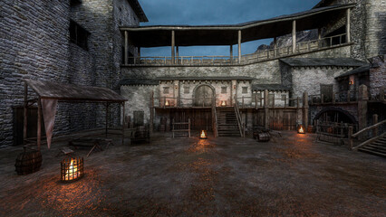 Medieval castle courtyard with wet muddy ground and grey clouds in the sky. 3D illustration.