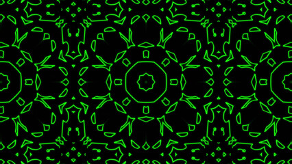 Abstract green geometric seamless pattern background. Psychedelic Colorful Kaleidoscope VJ background. Disco Abstract Background
