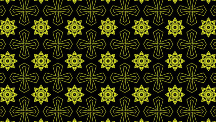 Fototapeta premium Abstract yellow geometric seamless pattern background. Abstract Stripes Kaleidoscope. Fast Psychedelic Colorful Kaleidoscope VJ background. Disco Abstract Background. Kaleidoscope effect