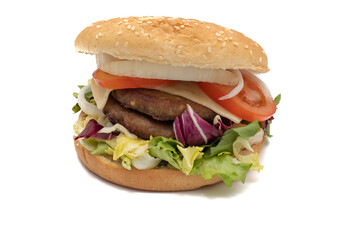A double meat burger, with the ingredients, lettuce, cabbage, cucumber, tomato, onion, cheese, ketchup, mayonnaise. Isolated on white background. One of the most consumed snacks in the world.