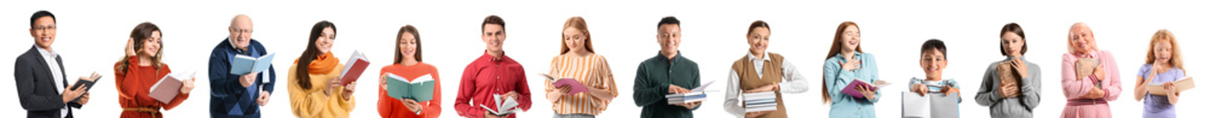 Group of people with books on white background - obrazy, fototapety, plakaty