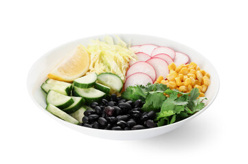 Bowl with ingredients for Mexican vegetable salad on white background