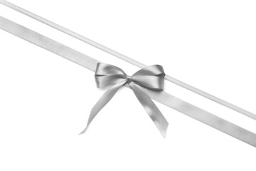 Beautiful silver bow with ribbons on white background