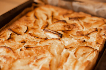 Close up selective focus bakery. Apple pie baking in oven. Tasty summer dessert for children. Traditional American apple pie with  fruits slices.