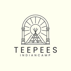 indian camp or teepees with badge and line art style logo icon template design.native, america,traditional, vector illustration - obrazy, fototapety, plakaty