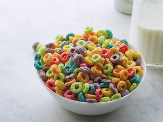 Colored muesli with milk. healthy eating.Baby food in morning