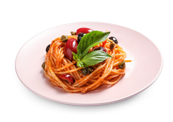 Delicious Pasta Puttanesca with basil in plate on white background