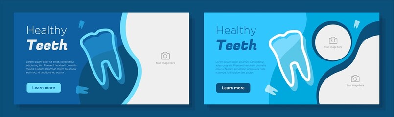 Dental care online banner template set, healthy teeth advertisement, horizontal ad, dentist business blue campaign webpage, flyer, creative brochure, isolated on background