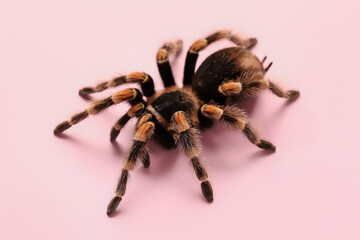 Scary tarantula spider on pink background
