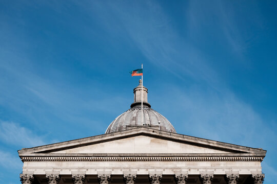 London, UK - February 2022: UCL University College London Main Building Tympanum and Entablature