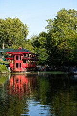 Floating red pagoda restaurant on the canal, London, UK