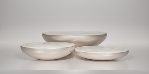 Shiny Ivory color with white marble round pedestal or podium. Blank display or for showing product. Copy space. Minimalist cream mockup for podium display or showcase. Copy space. 3D rendering