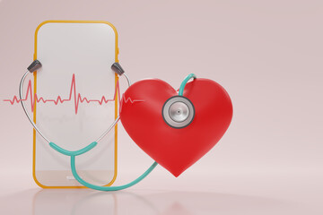 3D render Smart phone and red heart with a medical stethoscope on pink background. Blood pressure control. Heart and heartbeat. Copy space. Health care technology concept. 3D rendering illustration.