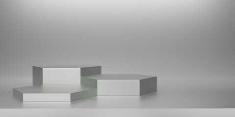 Shiny white hexagon pedestal or podium. Metallic silver hexagon cube Blank display or clean room for showing product. Minimalist mockup for podium display or showcase. 3D rendering.