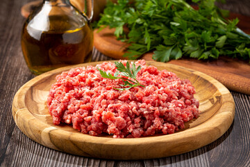 Raw ground beef ready for preparation.