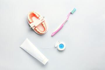 Model of jaw with dental braces, tooth brush, paste and floss on light background