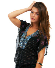 Far-East fashionista. Studio shot of a fashionably dressed young woman isolated on white.