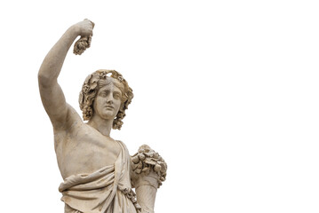 Fototapeta na wymiar Paganism in Ancient Times. Roman or Greek god Bacchus holding grapes, a neoclassical marble statue, erected in the 19th century in Rome historic center (Isolated on white background with copy space)