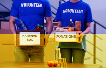 Double exposure of volunteers with donation boxes and Ukrainian flag. Help during war