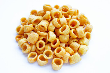 Crispy potato rings on white background.
