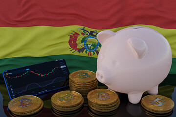 Bitcoin and cryptocurrency investing. Bolivia flag in background. Piggy bank, the of saving concept. Mobile application for trading on stock. 3d render illustration.