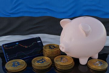 Bitcoin and cryptocurrency investing. Estonia flag in background. Piggy bank, the of saving concept. Mobile application for trading on stock. 3d render illustration.