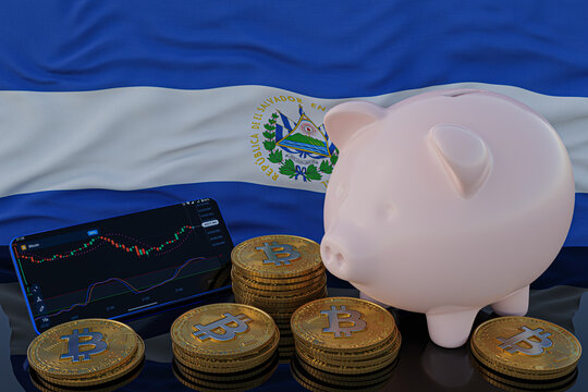 Bitcoin and cryptocurrency investing. El Salvador flag in background. Piggy bank, the of saving concept. Mobile application for trading on stock. 3d render illustration.