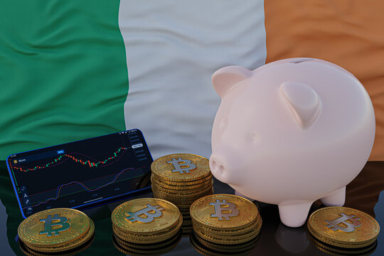 Bitcoin and cryptocurrency investing. Ireland flag in background. Piggy bank, the of saving concept. Mobile application for trading on stock. 3d render illustration.