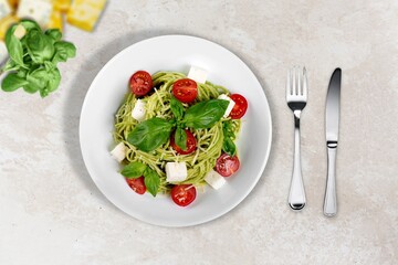Trofie al pesto, italian pasta with pesto sauce made from basil leaves, parmesan cheese and olive oil.