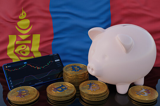 Bitcoin and cryptocurrency investing. Mongolia flag in background. Piggy bank, the of saving concept. Mobile application for trading on stock. 3d render illustration.